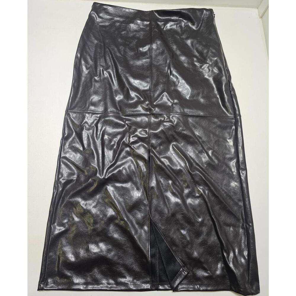 A new day Women's brown calf length faux leather skirt with front slit size 6
